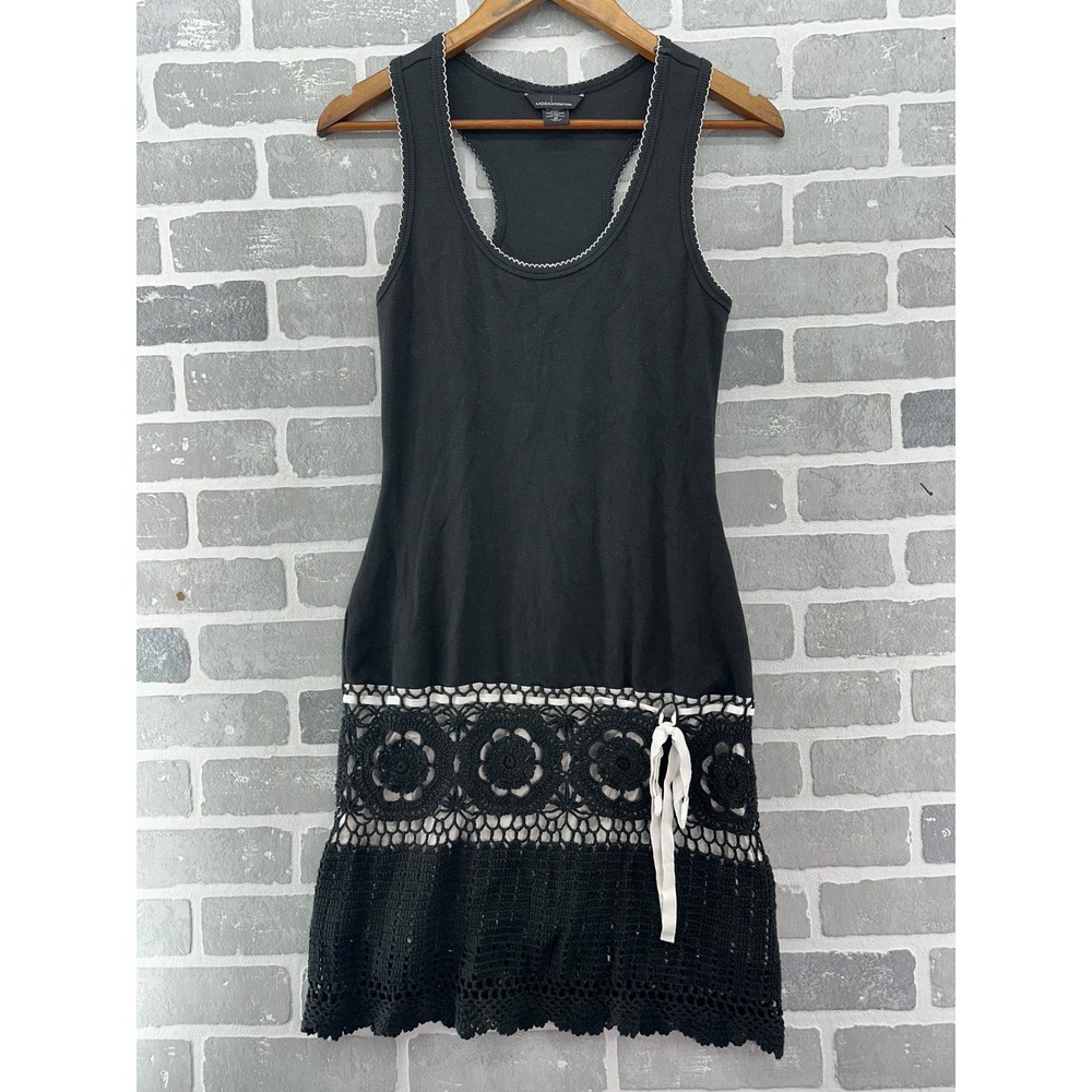 Moda International Black Crochet Floral Hem Tank Dress Racerback Ribbed Knit M